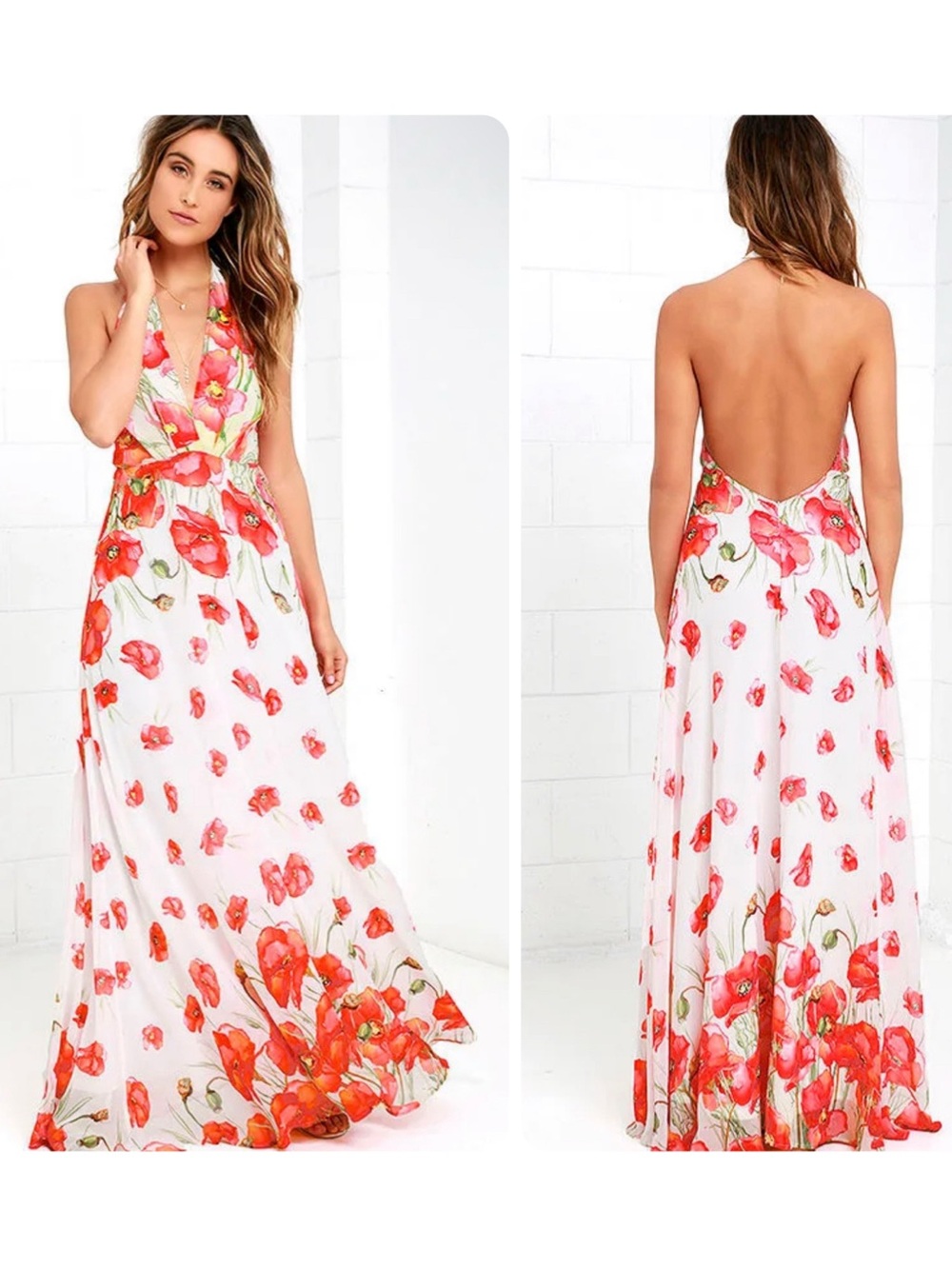 LULUS Poppy Song Ivory Floral Print Halter Maxi Wedding Dress Coquette S